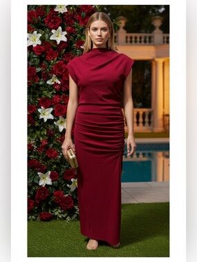 NWT Line and Dot Sz XL Dark Red Ruched Side Maxi Dress Mock Neck Cap Sleeve
